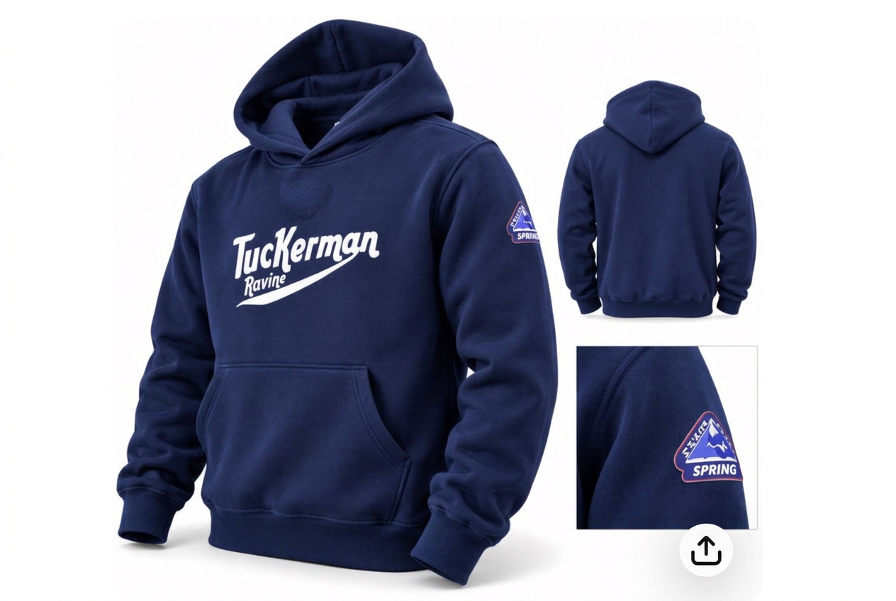 Navy Tuckerman Ravine sweatshirt front, back and sleeve detail